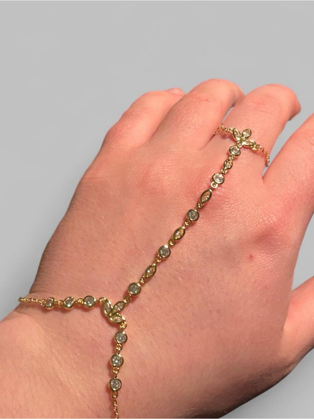 18K White Gold-Filled CZ Leaf Hand Chain Ring Bracelet